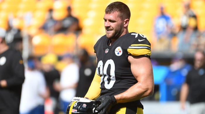 TJ Watt warming up before a preseason game.