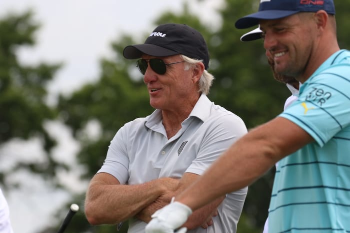 Greg Norman with Dustin Johnson and Bryson DeChambeau at the LIV Golf Invitational