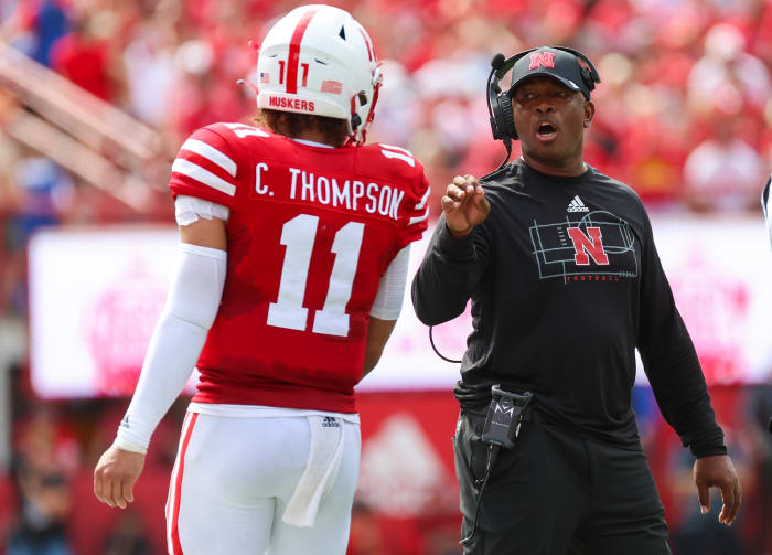 Casey Thompson and Mickey Joseph 2022 Nebraska vs Oklahoma football USATSI_19063286