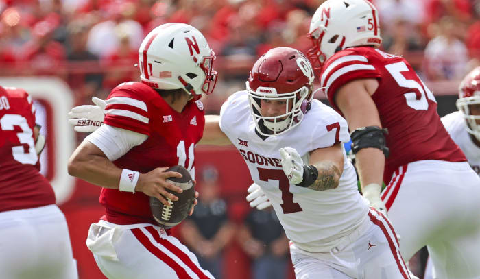 Jaren Kanek and Casey Thomoson 2022 Nebraska vs Oklahoma football USATSI_19063326 cropped