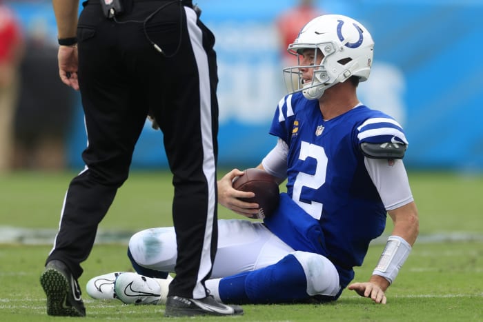 Indianapolis Colts quarterback Matt Ryan, 2, watches after being fired during the second quarter of a regular season game at TIAA Bank Field in Jacksonville on Sunday, Sept. 18, 2022.