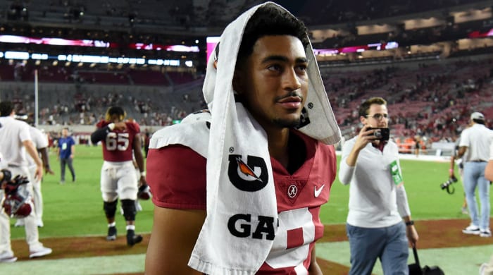 Alabama QB Bryce Young leaves the field after beating Vanderbilt.