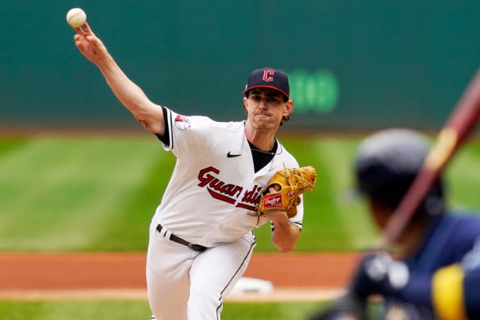 Guardians righthander Shane Bieber pitches against the Rays in the opening game of the 2022 MLB postseason.