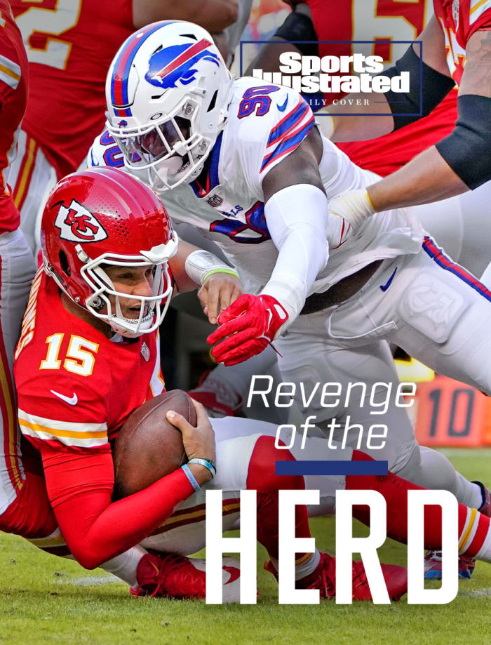 Patrick Mahomes is swarmed by defenders on the Bills SI Daily Cover