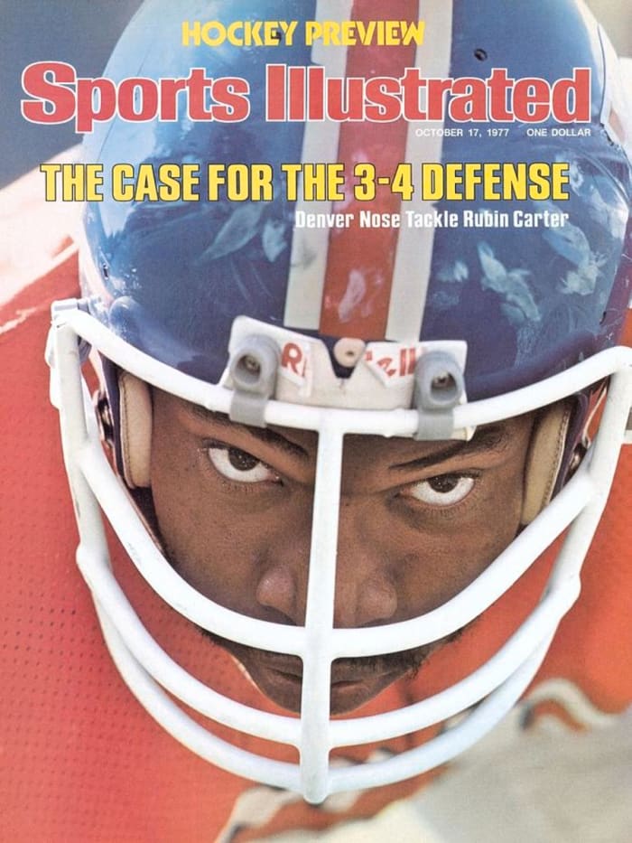 Closeup of Broncos' Rubin Carter on the cover of Sports Illustrated in 1977