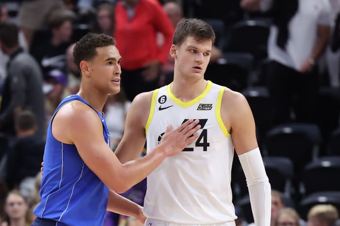 Oct 14, 2022;  Salt Lake City, Utah, USA;  Dallas Mavericks center Dwight Powell (7) and Utah Jazz center Walker Kessler (24) exchange well wishes after their game at Vivint Arena.  Mandatory Credit: Rob Gray-USA TODAY Sports