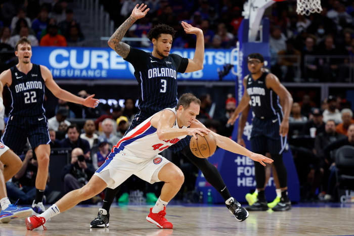 Oct 19, 2022;  Detroit, Michigan, USA;  Detroit Pistons forward Bojan Bogdanovic (44) is defended by Orlando Magic forward Chuma Okeke (3) in the first half at Little Caesars Arena.  Mandatory Credit: Rick Osentoski-USA TODAY Sports