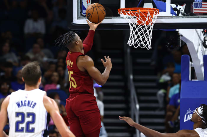 Oct 14, 2022;  Orlando, Florida, USA;  Cleveland Cavaliers forward Isaac Okoro (35) makes a layup against the Orlando Magic during the second half at Amway Center.  Mandatory Credit: Kim Klement-USA TODAY Sports