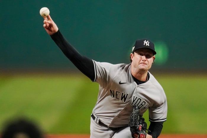 New York Yankees' Gerrit Cole pitches in the first inning of Game 4 of a baseball AL Division Series against the Cleveland Guardians, Sunday, Oct.  16, 2022, in Cleveland.