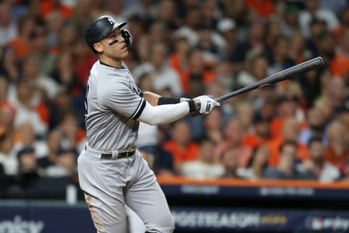 New York Yankees right fielder Aaron Judge (99) flies out during the eighth inning against the Houston Astros in game two of the ALCS for the 2022 MLB Playoffs at Minute Maid Park.