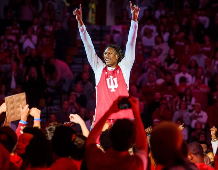 Indiana's Malik Reneau dances as he is introduced during Hoosier Hysteria for the basketball programs at Simon Skjodt Assembly Hall on Friday, Oct. 7, 2022.