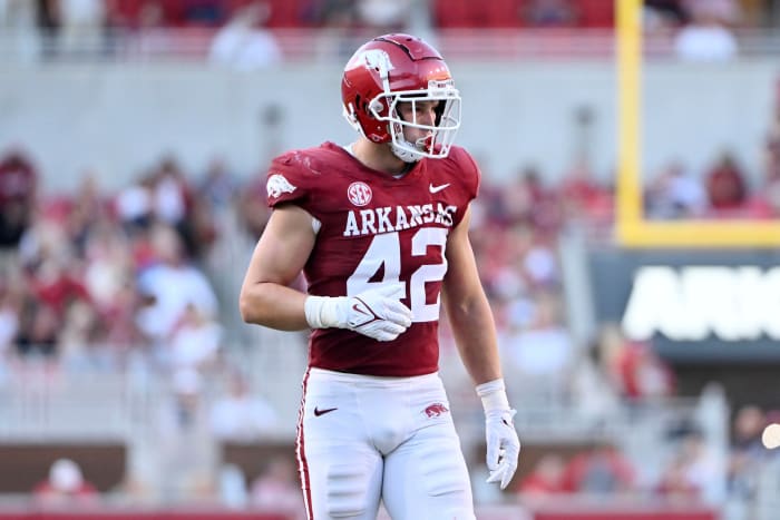 Arkansas linebacker Drew Sanders (42) against Missouri State during an NCAA college football game Saturday, Sept. 17, 2022, in Fayetteville, Ark. (AP Photo/Michael Woods)