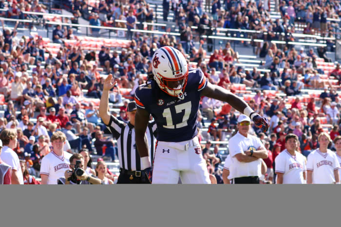 Camden Brown celebrates after scoring a touchdown vs Arkansas.