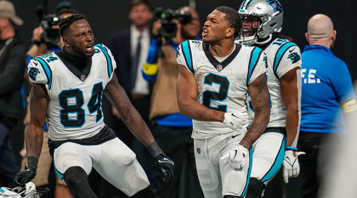 DJ Moore celebrates after his incredible catch to tie the Week 8 game against the Falcons.