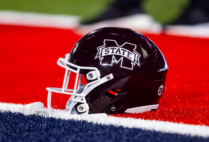 Sep 10, 2022; Tucson, Arizona, USA; Detailed view of a Mississippi State Bulldogs helmet at Arizona Stadium. Mandatory Credit: Mark J. Rebilas-USA TODAY Sports