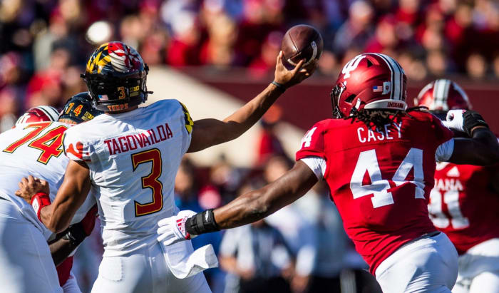 Indiana's Aaron Casey (44) pressures Maryland's Taulia Tagovailoa (3) during the Indiana versus Maryland football game at Memorial Stadium on Saturday, Oct. 15, 2022.