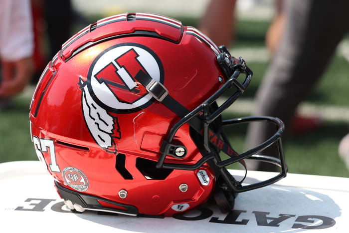 An overview of the football helmet worn by the Utah Utes during the game against the Southern Utah Thunderbirds at Rice-Eccles Stadium.