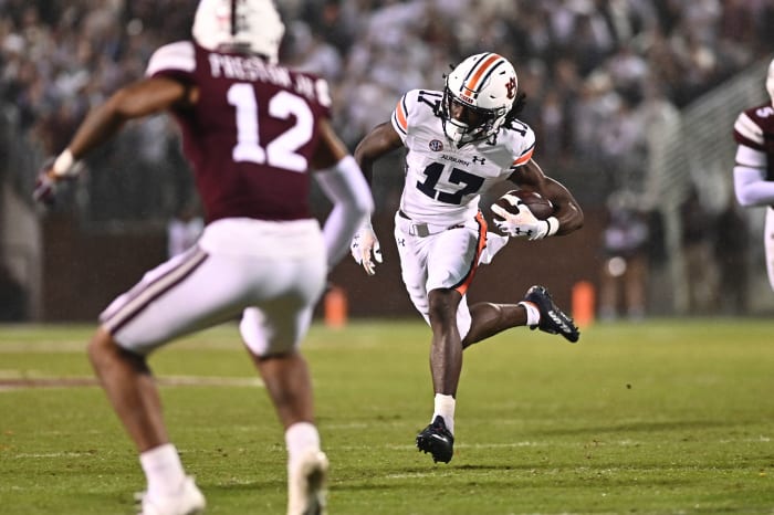 Nov 5, 2022; Starkville, Mississippi, USA; Auburn Tigers wide receiver Camden Brown (17) runs the ball against the Mississippi State Bulldogs during the second quarter at Davis Wade Stadium at Scott Field. Mandatory Credit: Matt Bush-USA TODAY Sports