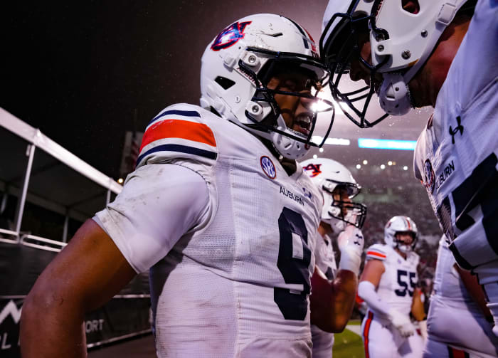 Nov 5, 2022; Starkville, MS, USA; Robby Ashford (9) celebrates touchdown during the game between Auburn and Mississippi State at Davis Wade Stadium . Zach Bland / AU Athletics