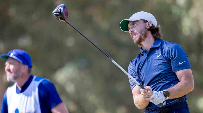 Tommy Fleetwood watches a drive at the 2022 CJ Cup in South Carolina.