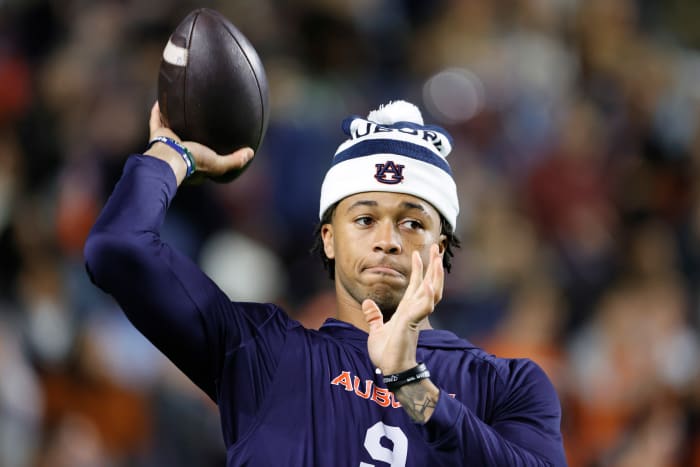 Nov 12, 2022; Auburn, Alabama, USA; Auburn Tigers quarterback Robby Ashford (9) warms up before the game against the Texas A&M Aggies at Jordan-Hare stadium. Mandatory Credit: John Reed-USA TODAY Sports