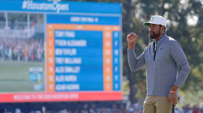 Tony Finau pumps his fist after winning the 2022 Cadence Bank Houston Open.