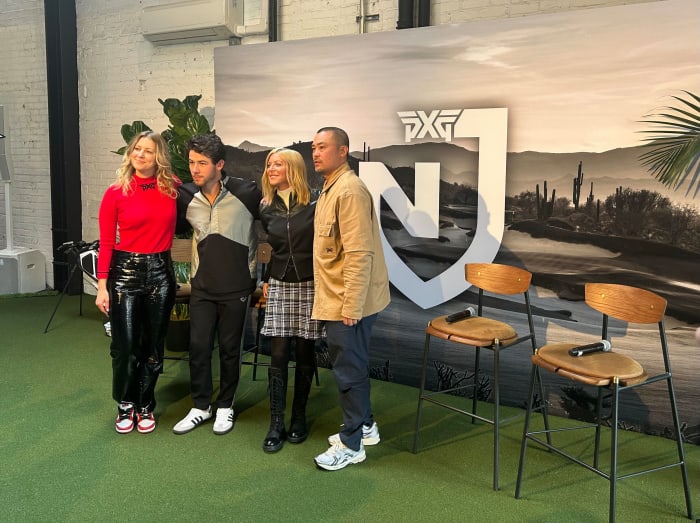 Jonas poses with Renee Parsons, Ray Maté, and panel host Courtney Kenefick of Hypebeast.