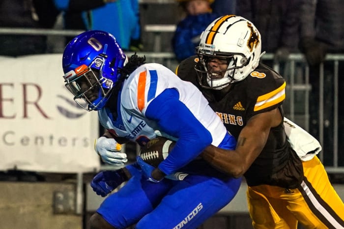 Boise State's JL Skinner makes an interception against Wyoming.