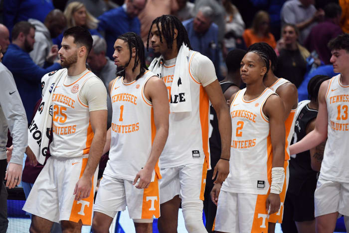 March 15, 2024;  Nashville, TN, USA  Tennessee Volunteers players walk the handshake line after a loss to the Mississippi State Bulldogs at Bridgestone Arena.