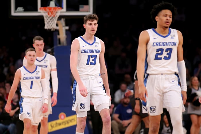 14 Mar 2024;  New York, New York, USA  Creighton Bluejays guard Steven Ashworth (1) and center Ryan Kalkbrenner (11) and forward Mason Miller (13) and guard Trey Alexander (23) react during the first half against the Providence Friars at Madison Square Garden.