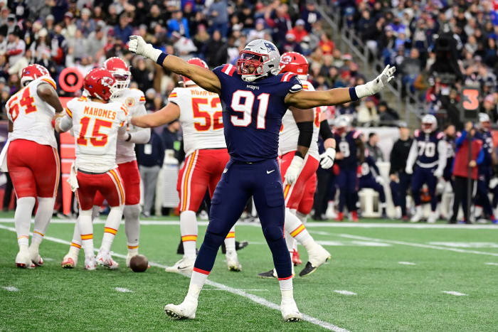 December 17, 2023. Foxboro, Massachusetts, USA. New England Patriots defensive end Dietrich Wise Jr., 91, reacts after being sacked in the second half of the game against the Kansas City Chiefs at Gillette Stadium. 