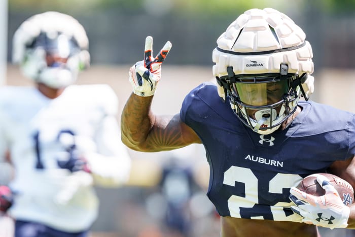 AUBURN, AL - August 08, 2023 - Auburn Running Back Damari Alston (#22) during a Fall camp practice at the Woltosz Football Performance Center in Auburn, AL.