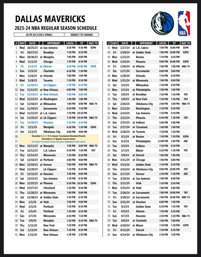 LOOK Dallas Mavs Full NBA Season Schedule Release; Biggest National TV