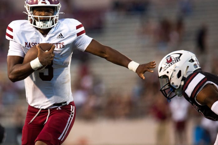 UMass quarterback Taisun Phommachanh during an Aggie football game on Saturday, August 25, 2023, at the Aggie Memorial Stadium.