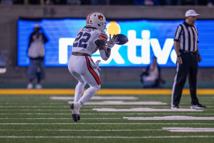 Sep 9, 2023; Berkeley, California, USA; Auburn Tigers running back Damari Alston (22) catches a pass during the second quarter against the California Golden Bears at California Memorial Stadium. Mandatory Credit: Neville E. Guard-USA TODAY Sports