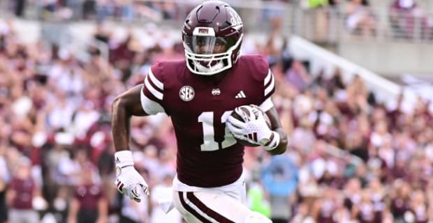 Mississippi State Bulldogs wide receiver Jayden Worley catches a pass during a college football game in the SEC.