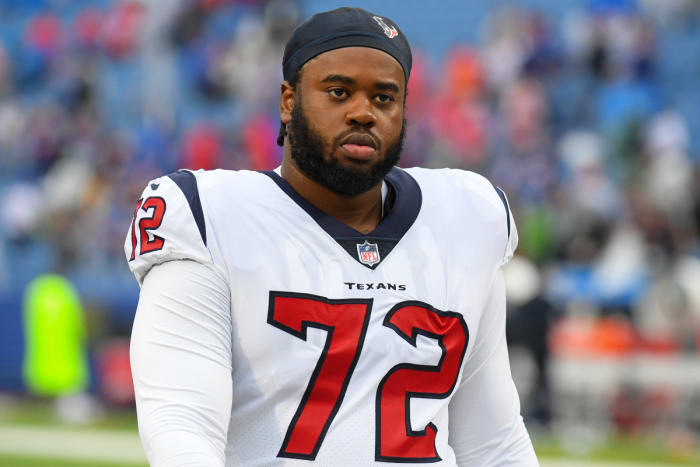 Houston Texans offensive tackle Geron Christian (72) leaves the field after a game against the Buffalo Bills at Highmark Stadium on Oct. 3, 2021. The Texans lost 40-0.