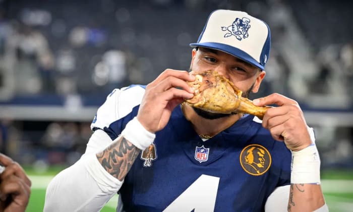 Cowboys quarterback Dak Prescott with his celebratory turkey leg. 