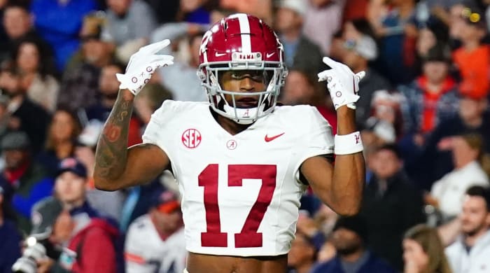 Alabama wide receiver Isaiah Bond celebrates after scoring game-winning touchdown vs. Auburn