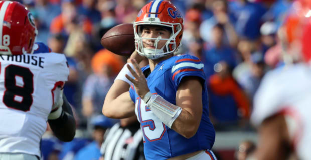 Florida Gators quarterback Graham Mertz attempts a pass during a college football game in the SEC.