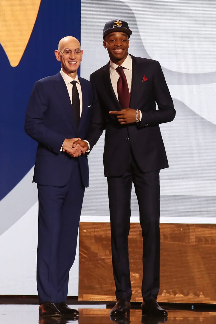 Bilal Coulibaly with NBA Commissioner Adam Silver after being selected seventh by the Indiana Pacers in the first round of the 2023 NBA Draft at Barclays Arena. 