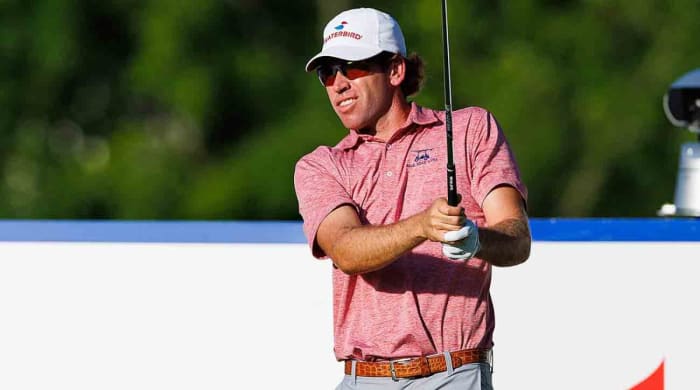 Ben Kohles plays his shot from the second tee during the third round of the 2022 Barbasol Championship golf tournament.