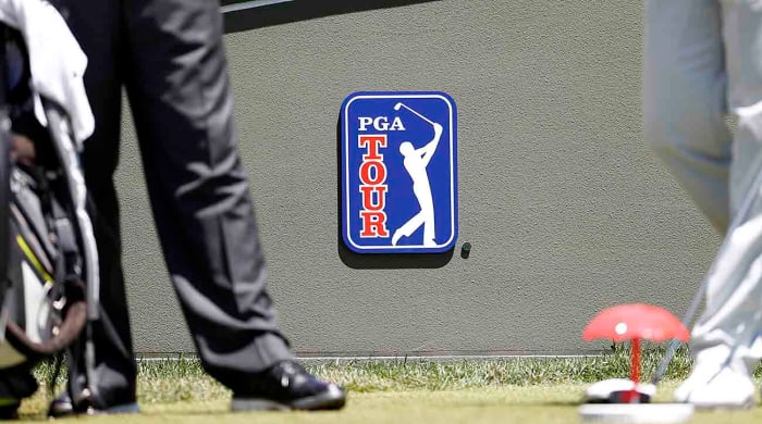 PGA Tour logo during the third round of the Travelers Championship on June 24, 2017, at TPC River Highlands in Cromwell, Conn.
