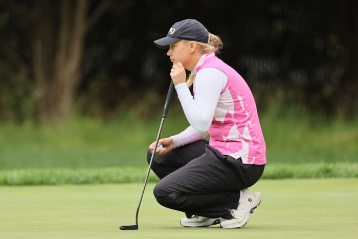 Celine Borge of Norway lines up a putt on the second green during the first round of the KPMG Women's PGA Championship at Baltusrol Golf Club on June 22, 2023 in Springfield, New Jersey.