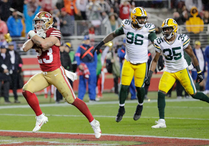 January 20, 2024;  Santa Clara, CA, USA;  San Francisco 49ers running back Christian McCaffrey (23) crosses the goal line for a game-winning touchdown late in the fourth quarter against the Green Bay Packers in the 2024 NFC Divisional Round game at Levi's Stadium. Mandatory Credit: Dan Powers-USA TODAY Sports