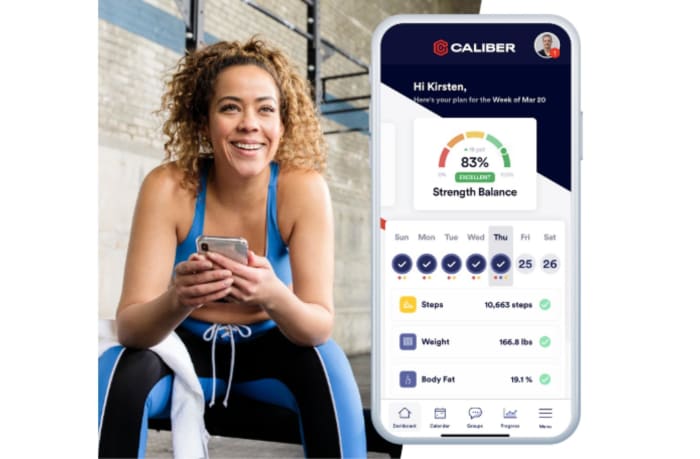 caliber-app-dashboard-strength-balance-percentage-steps-weight-body-fat-metrics