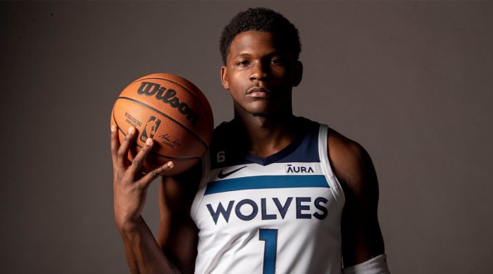 Sep 26, 2022;  Minneapolis, MN, USA;  Minnesota Timberwolves forward Anthony Edwards (1) poses for photographs on the 2022-23 NBA season media day for the team.