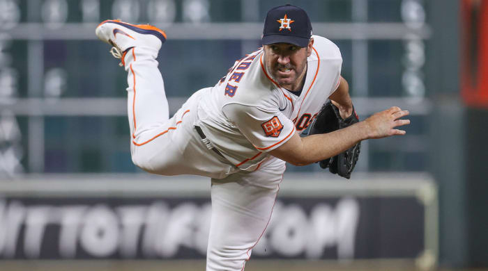 Oct 4, 2022;  Houston, Texas, USA;  Houston Astros starting pitcher Justin Verlander (35) delivers a pitch during the fifth inning against the Philadelphia Phillies at Minute Maid Park.