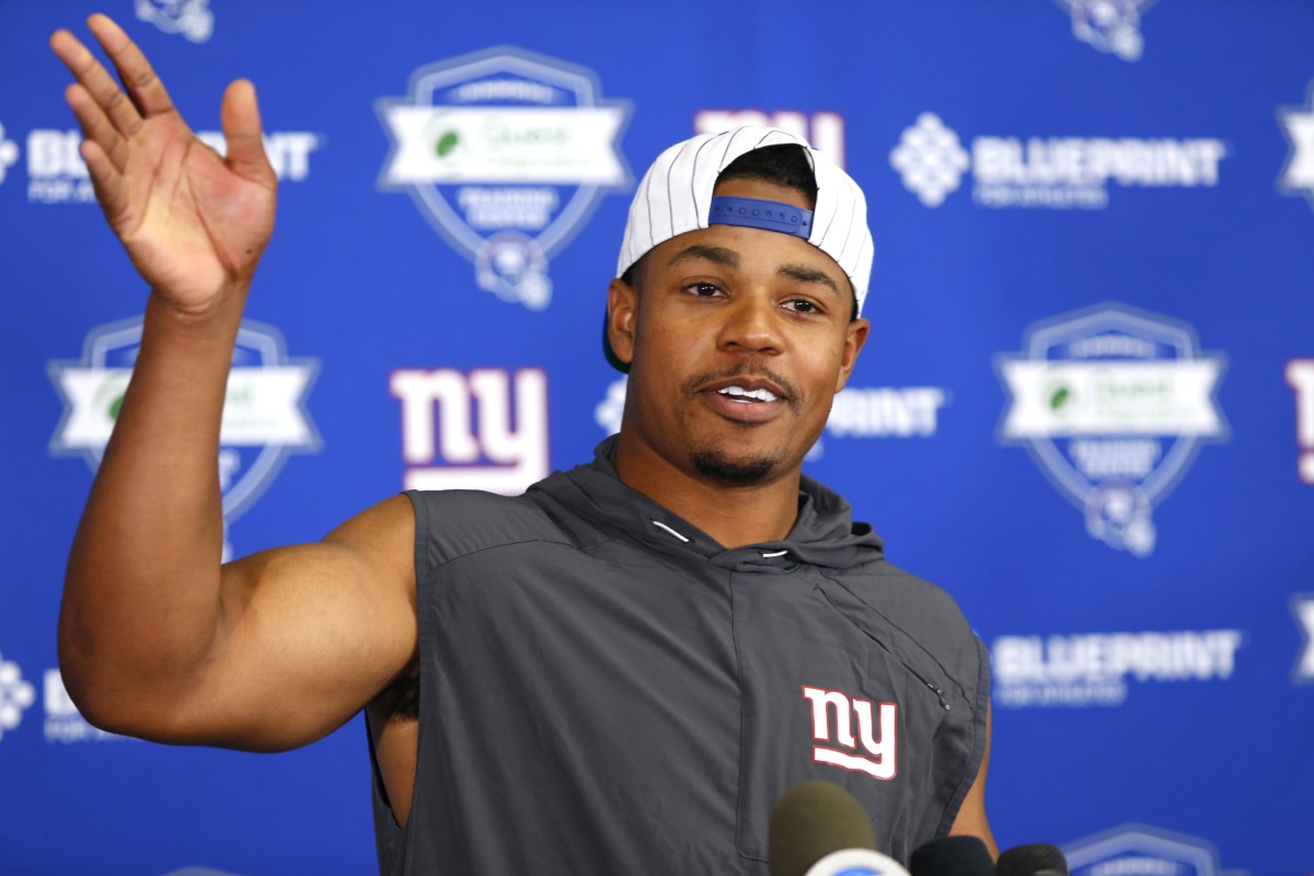 Jun 4, 2019; East Rutherford, NJ, USA; New York Giants wide receiver Sterling Shepard answers questions from the media during mini camp at Quest Diagnostic Training Center.