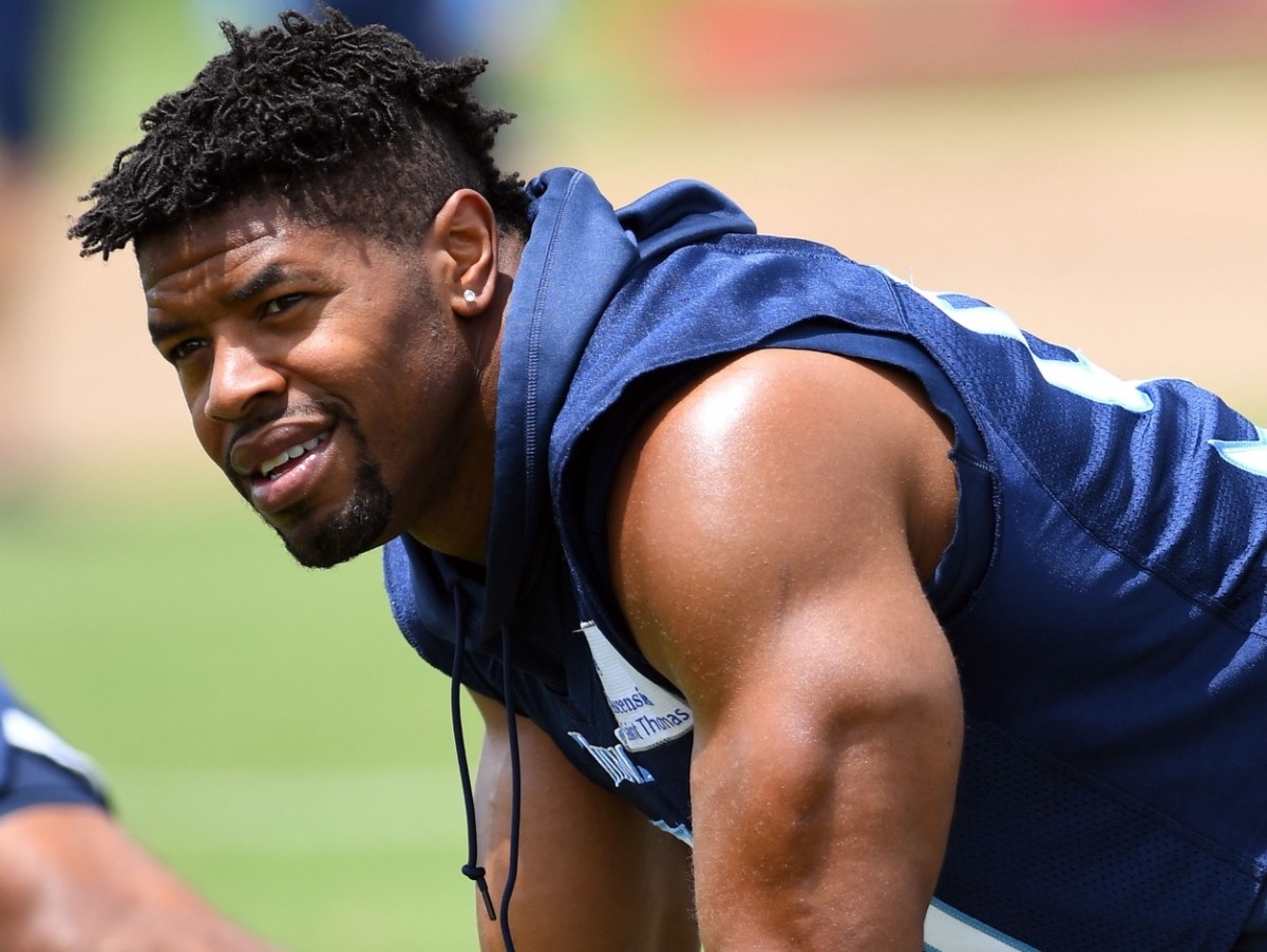 Tennessee Titans defensive end Cameron Wake (91) stretches during minicamp at Saint Thomas Sports Park.